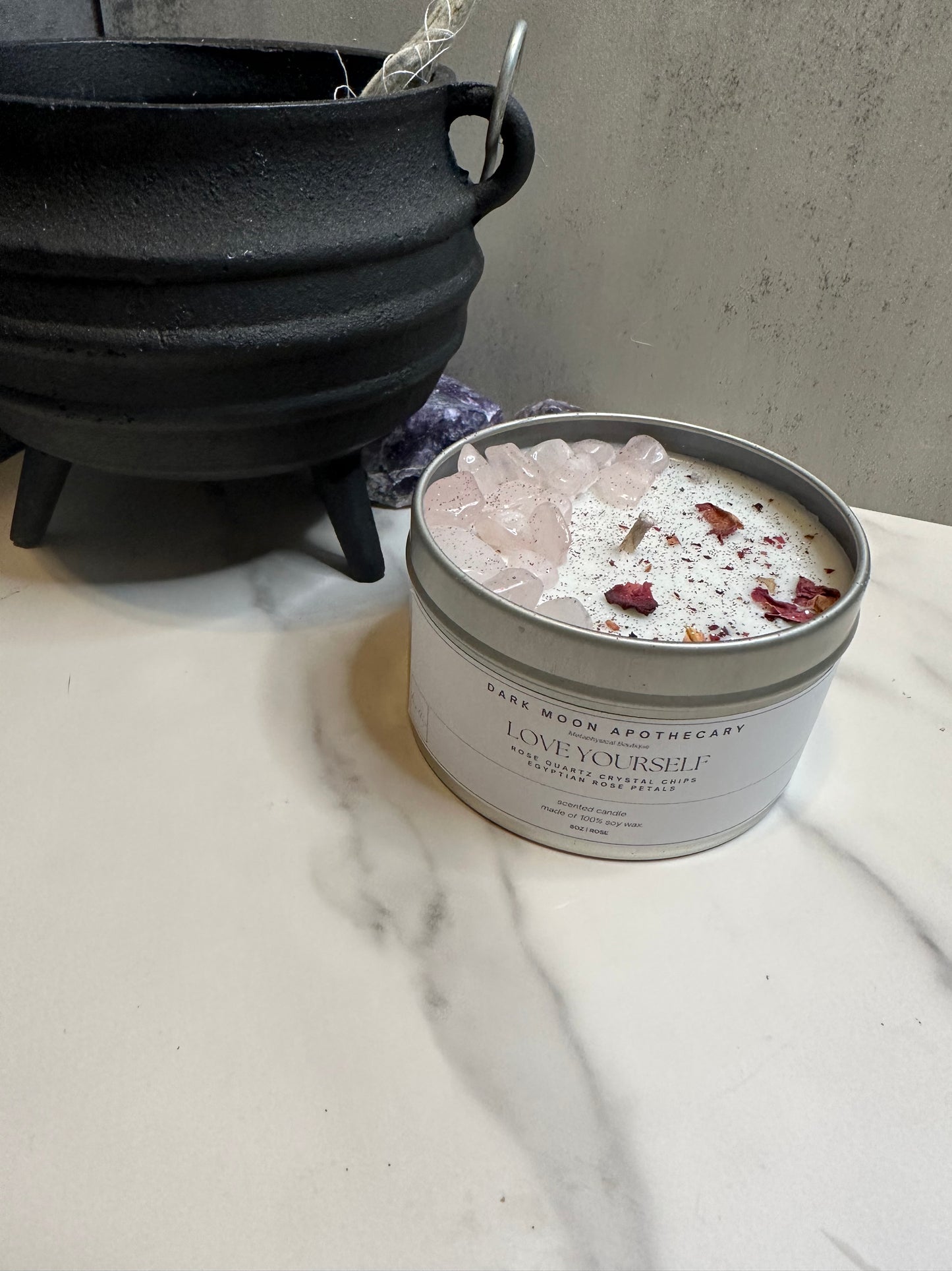 rose scented soy wax, topped with Egyptian rose petals and rose quartz tumbled chips.