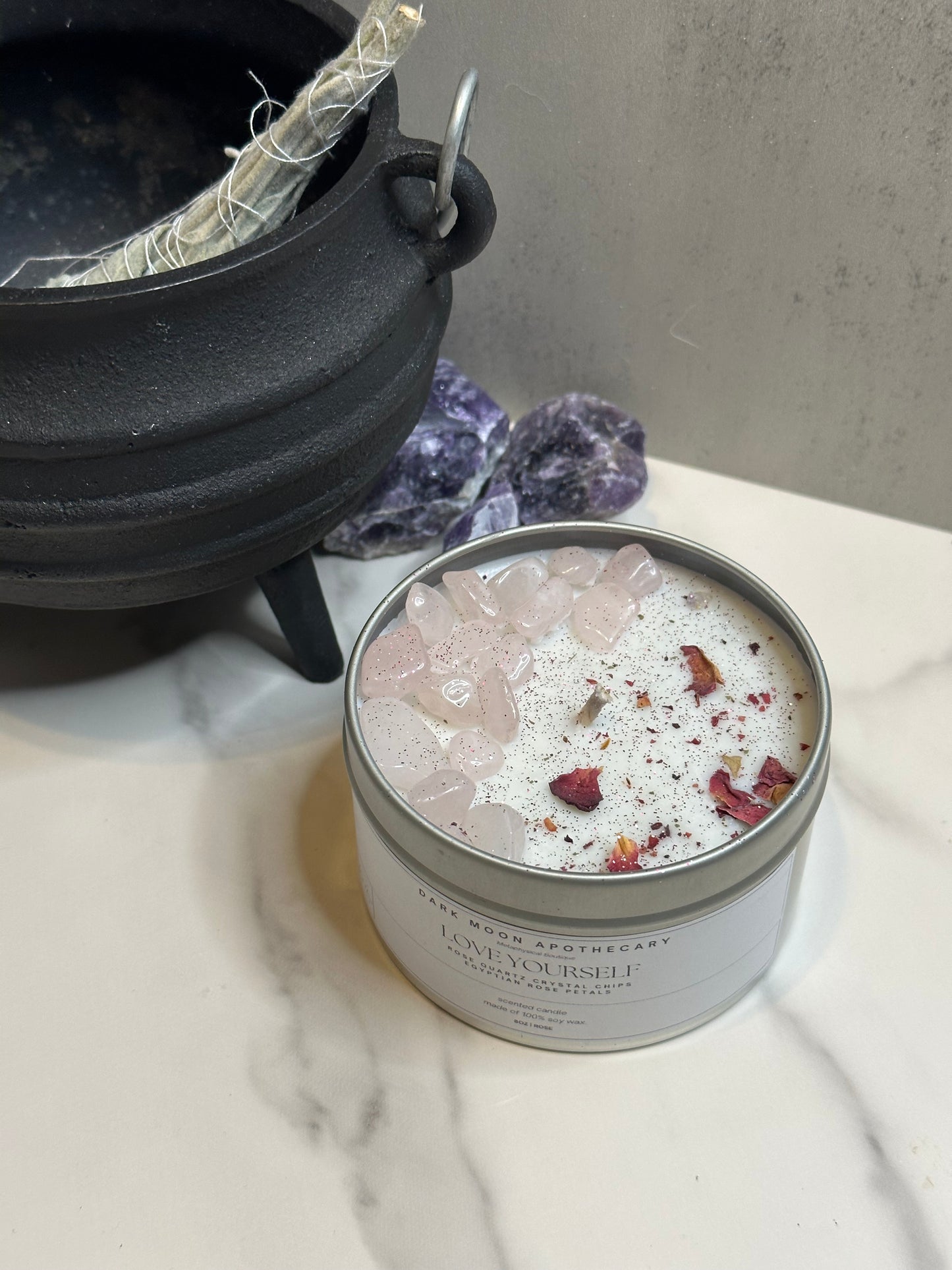 rose scented soy wax, topped with Egyptian rose petals and rose quartz tumbled chips.