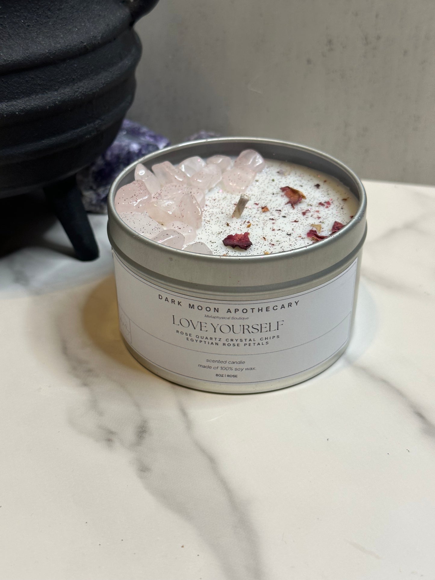 rose scented soy wax, topped with Egyptian rose petals and rose quartz tumbled chips.