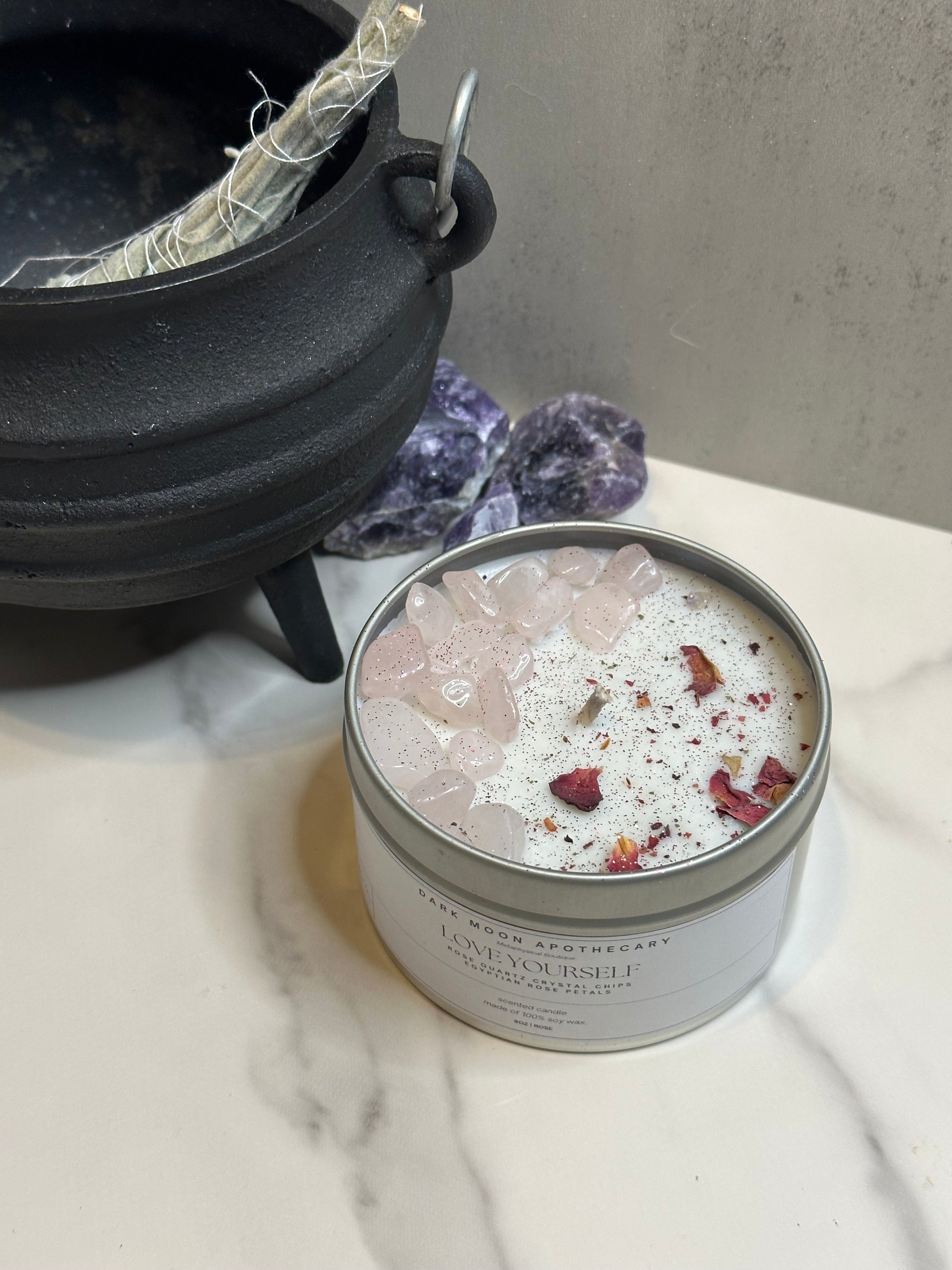rose scented soy wax, topped with Egyptian rose petals and rose quartz tumbled chips.