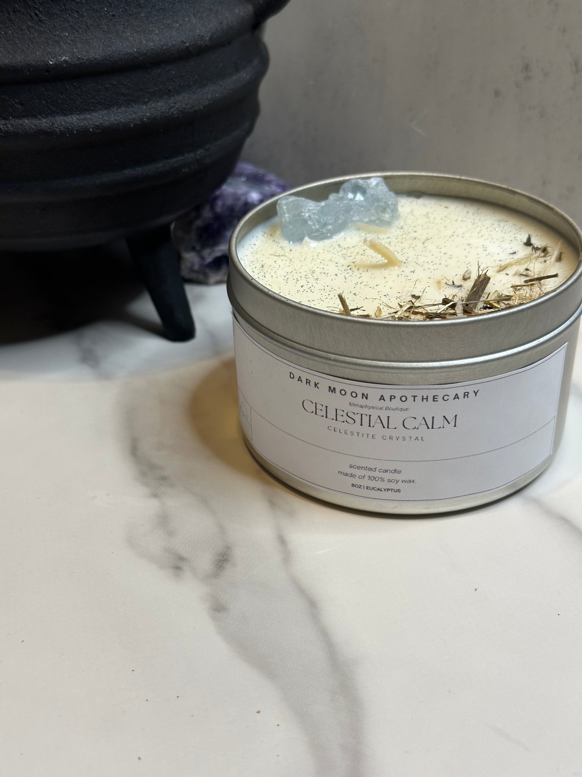Celestial calm candle with Celestine & lemon balm herb