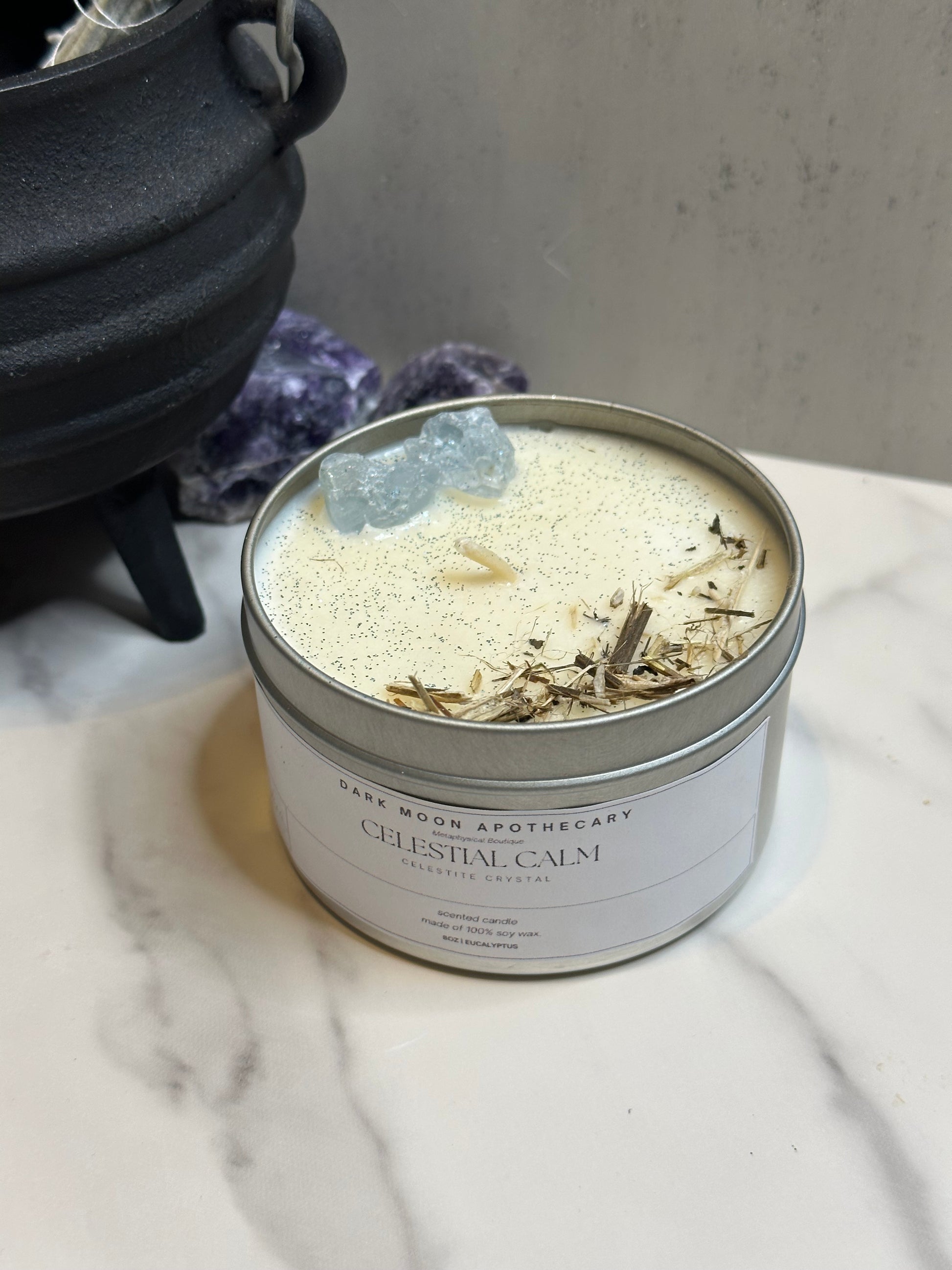 Celestial calm candle with Celestine & lemon balm herb