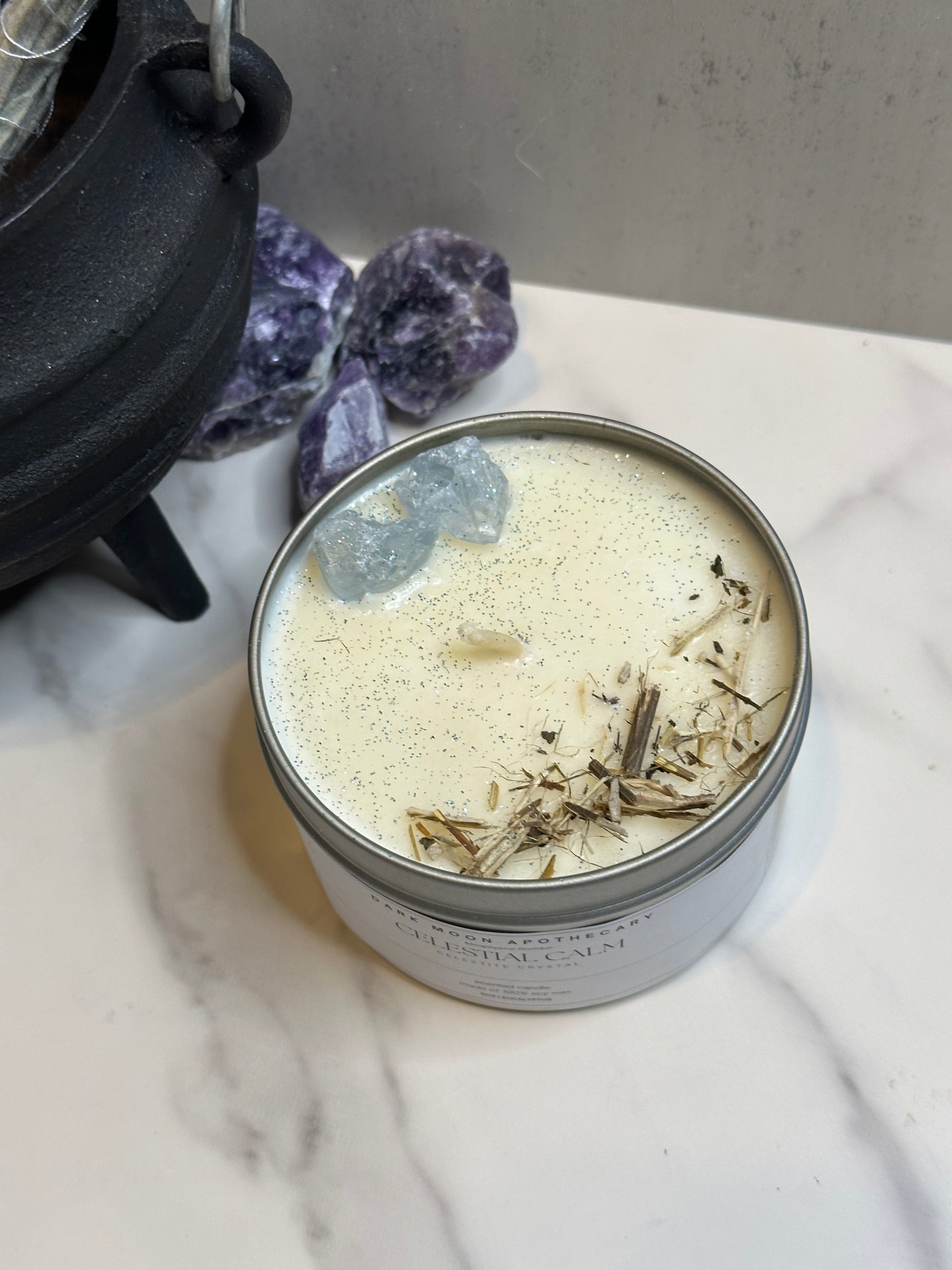 Celestial calm candle with Celestine & lemon balm herb