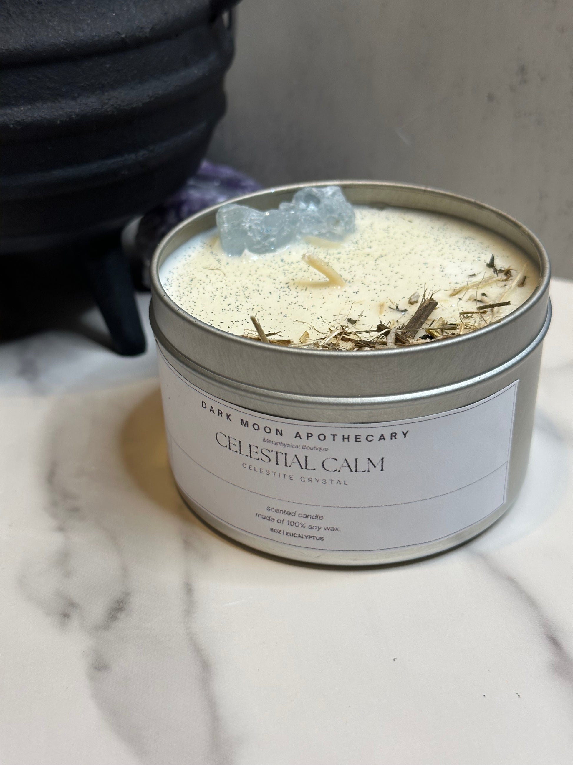 Celestial calm candle with Celestine & lemon balm herb