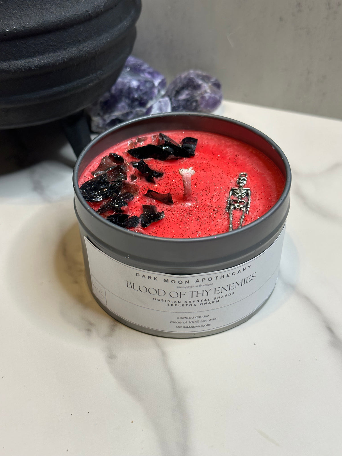 tin candle Blood of my enemies with obsidian & skeleton charm