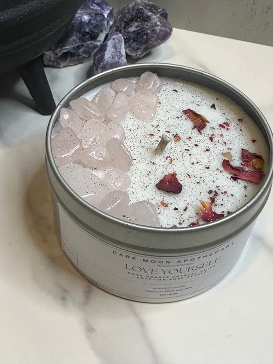 rose scented soy wax, topped with Egyptian rose petals and rose quartz tumbled chips.