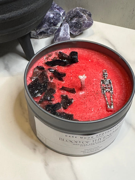 tin candle Blood of my enemies with obsidian & skeleton charm
