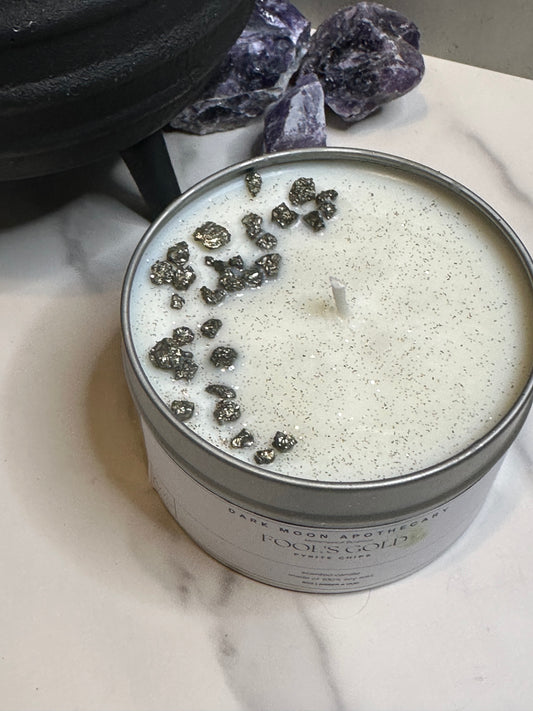 tin candle with pyrite crystal chips